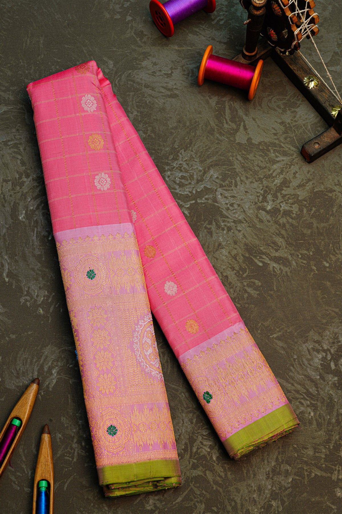 Gadwal Silk Pink Saree With Florals In Zari Checks Body