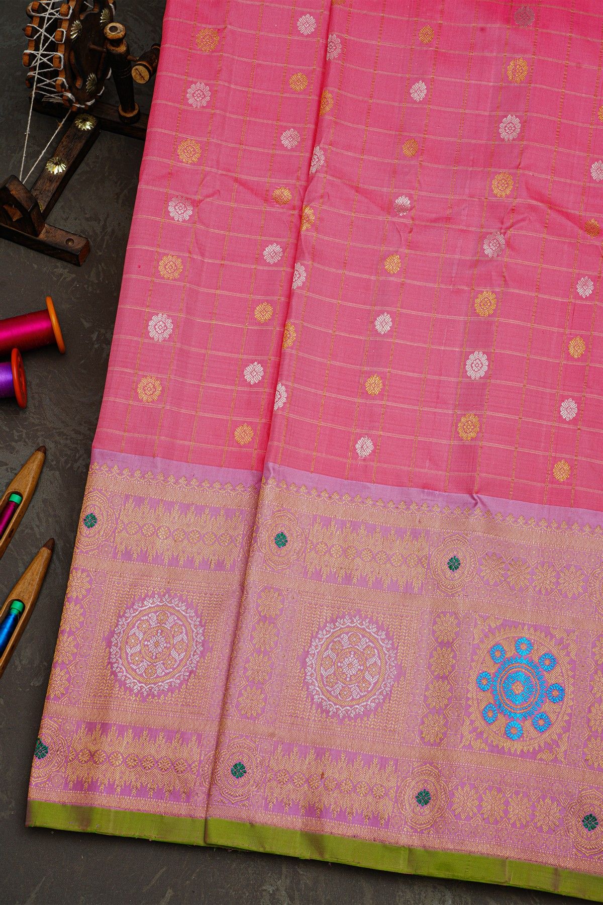 Gadwal Silk Pink Saree With Florals In Zari Checks Body