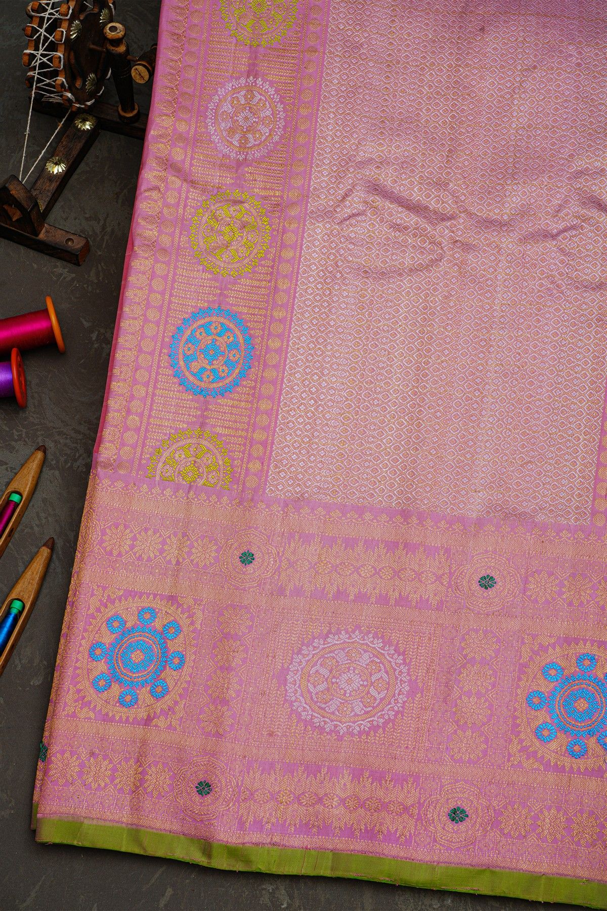 Gadwal Silk Pink Saree With Florals In Zari Checks Body