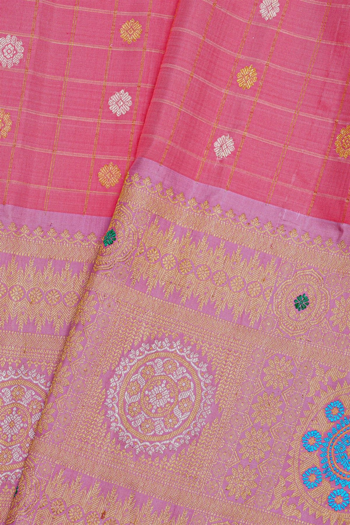 Gadwal Silk Pink Saree With Florals In Zari Checks Body