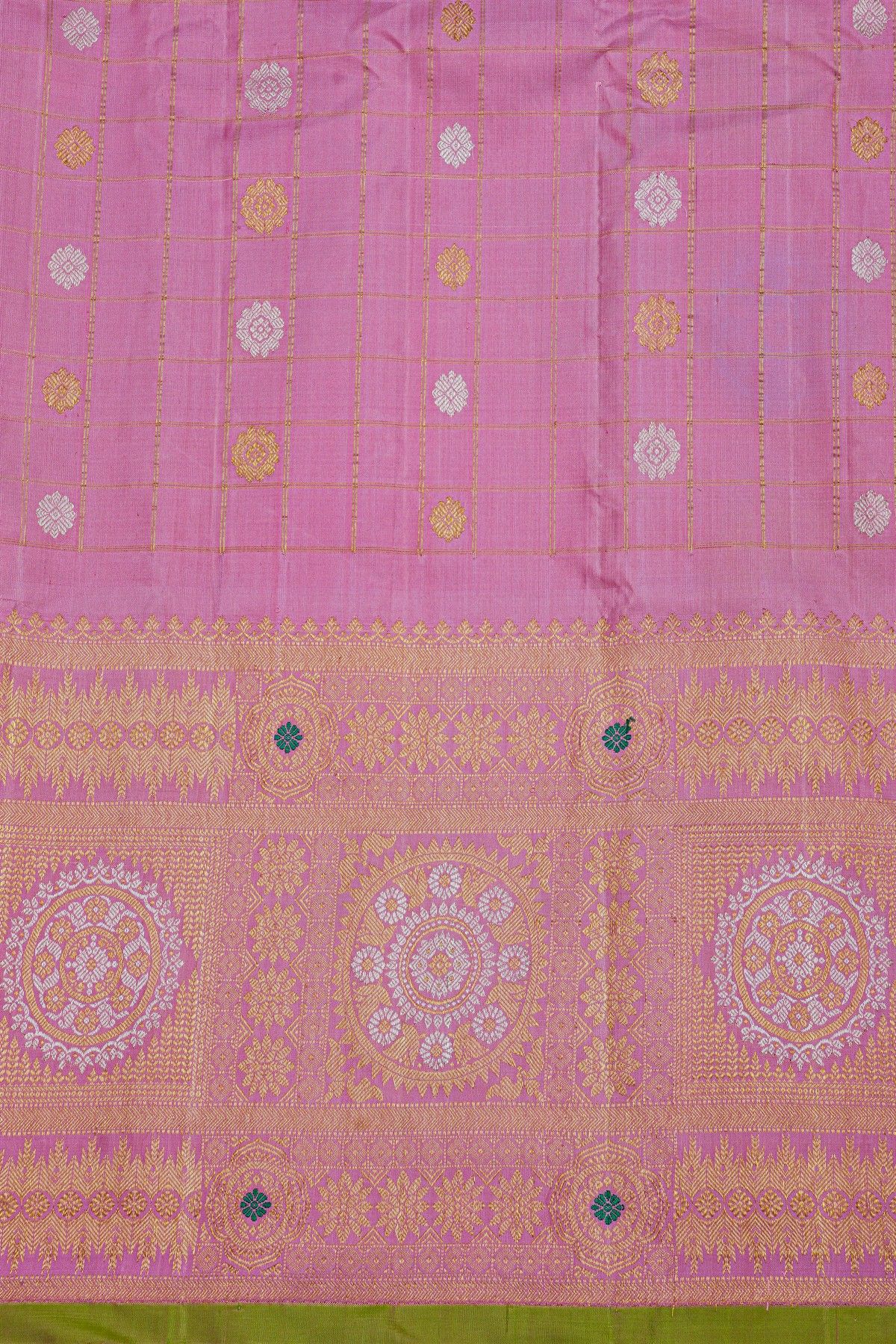 Gadwal Silk Pink Saree With Florals In Zari Checks Body