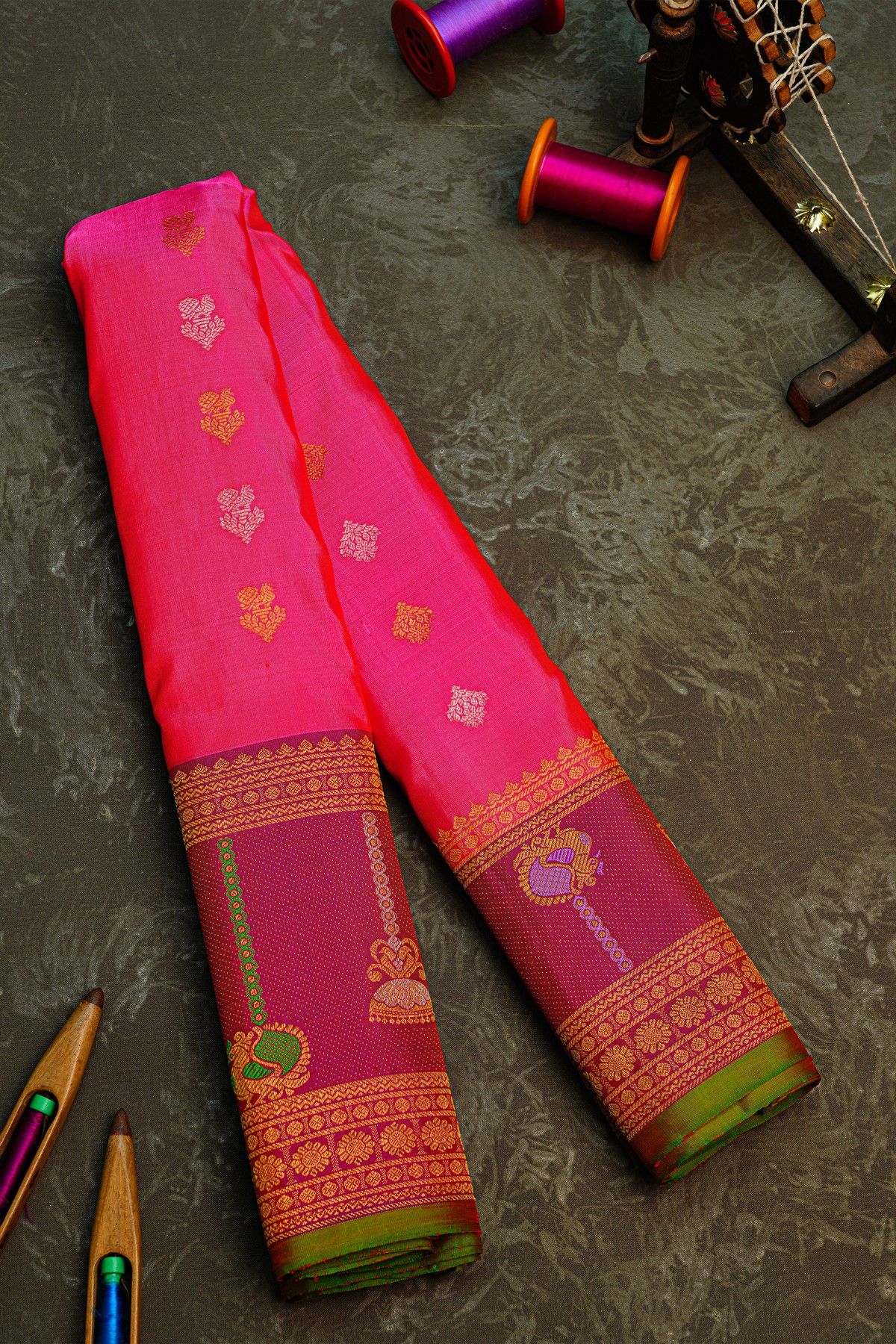 Gadwal Silk Pink Saree With Floral Buttis In Zari Body