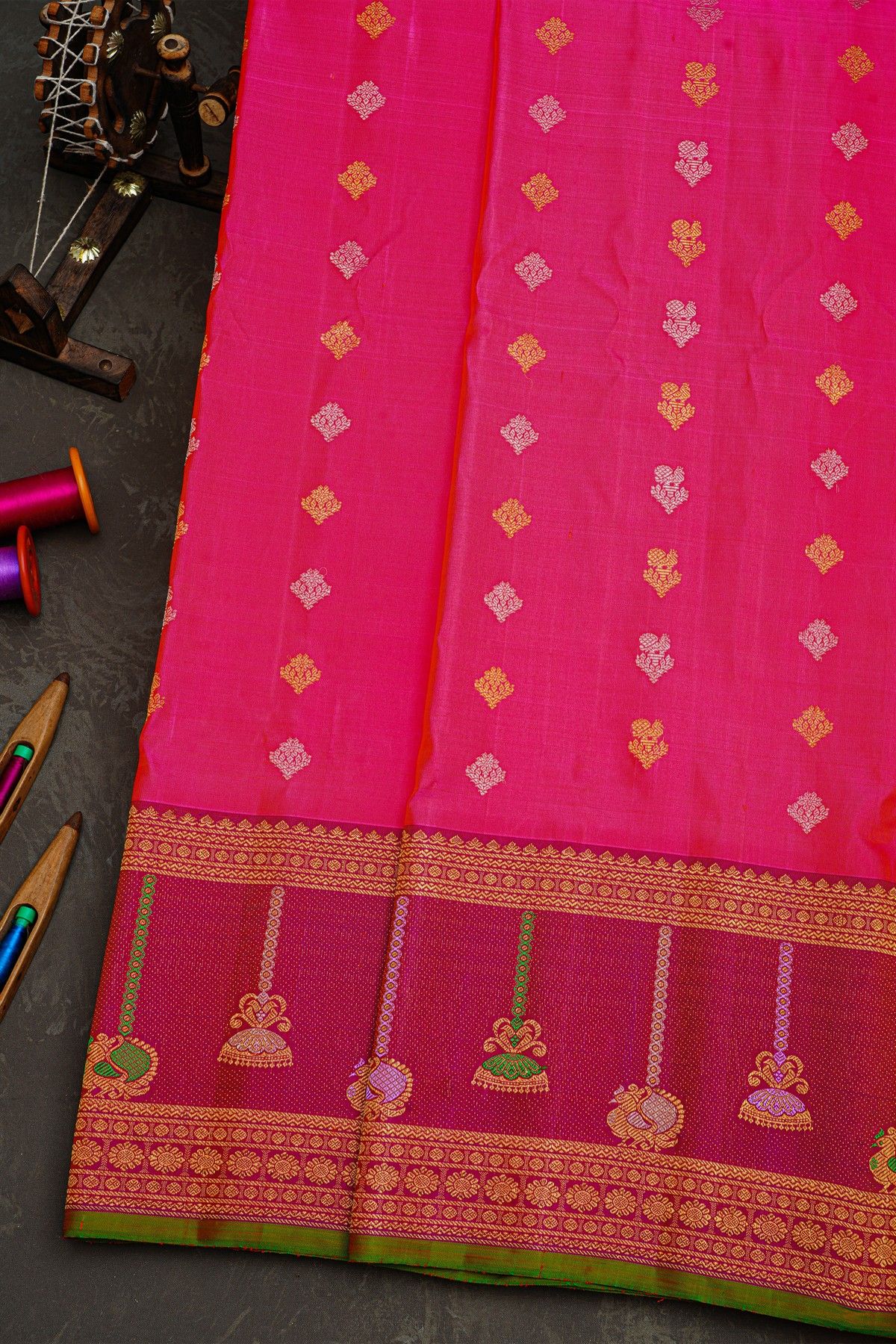 Gadwal Silk Pink Saree With Floral Buttis In Zari Body