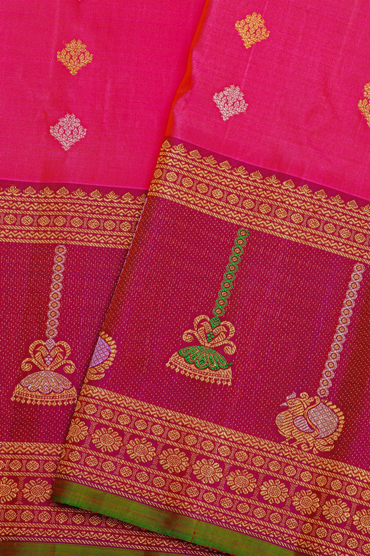 Gadwal Silk Pink Saree With Floral Buttis In Zari Body