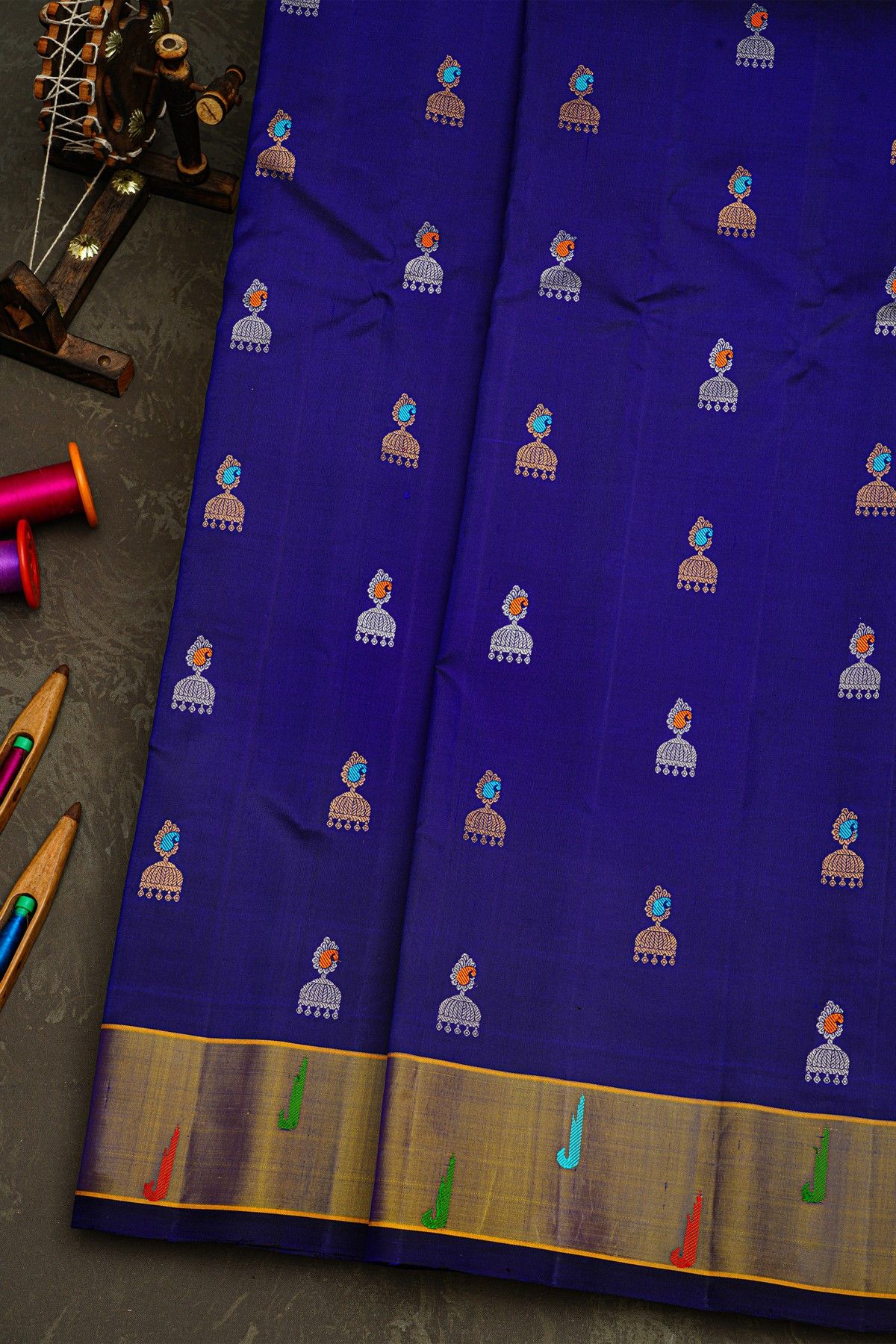 Gadwal Silk Blue Saree With Florals In Jhumka Design Body
