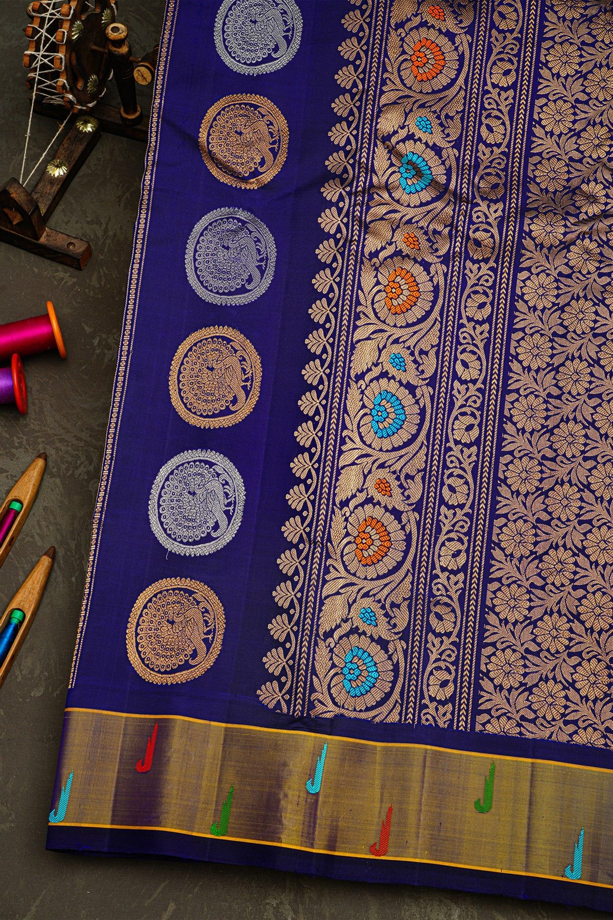 Gadwal Silk Blue Saree With Florals In Jhumka Design Body