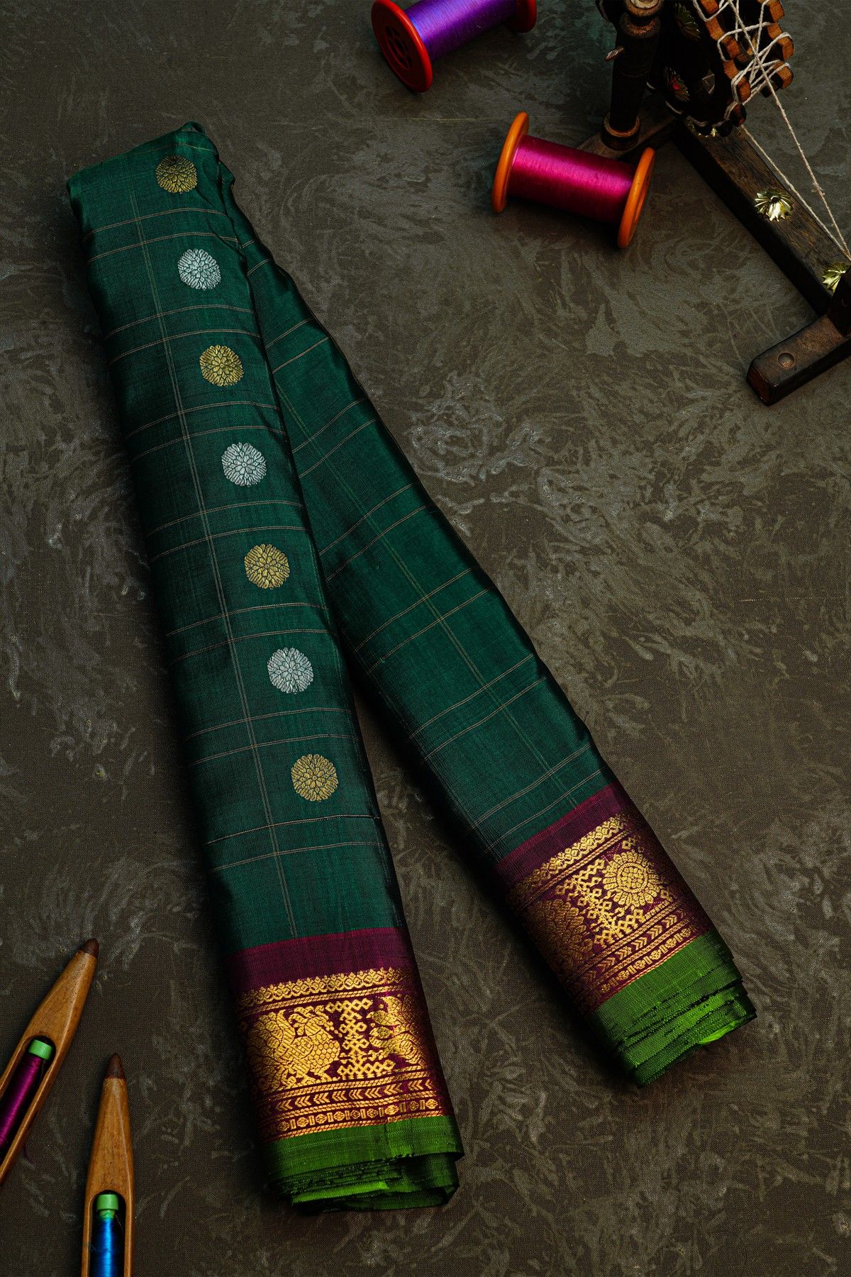Gadwal Silk Bottle Green Saree With Florals And Leaves In Zari Checks Body