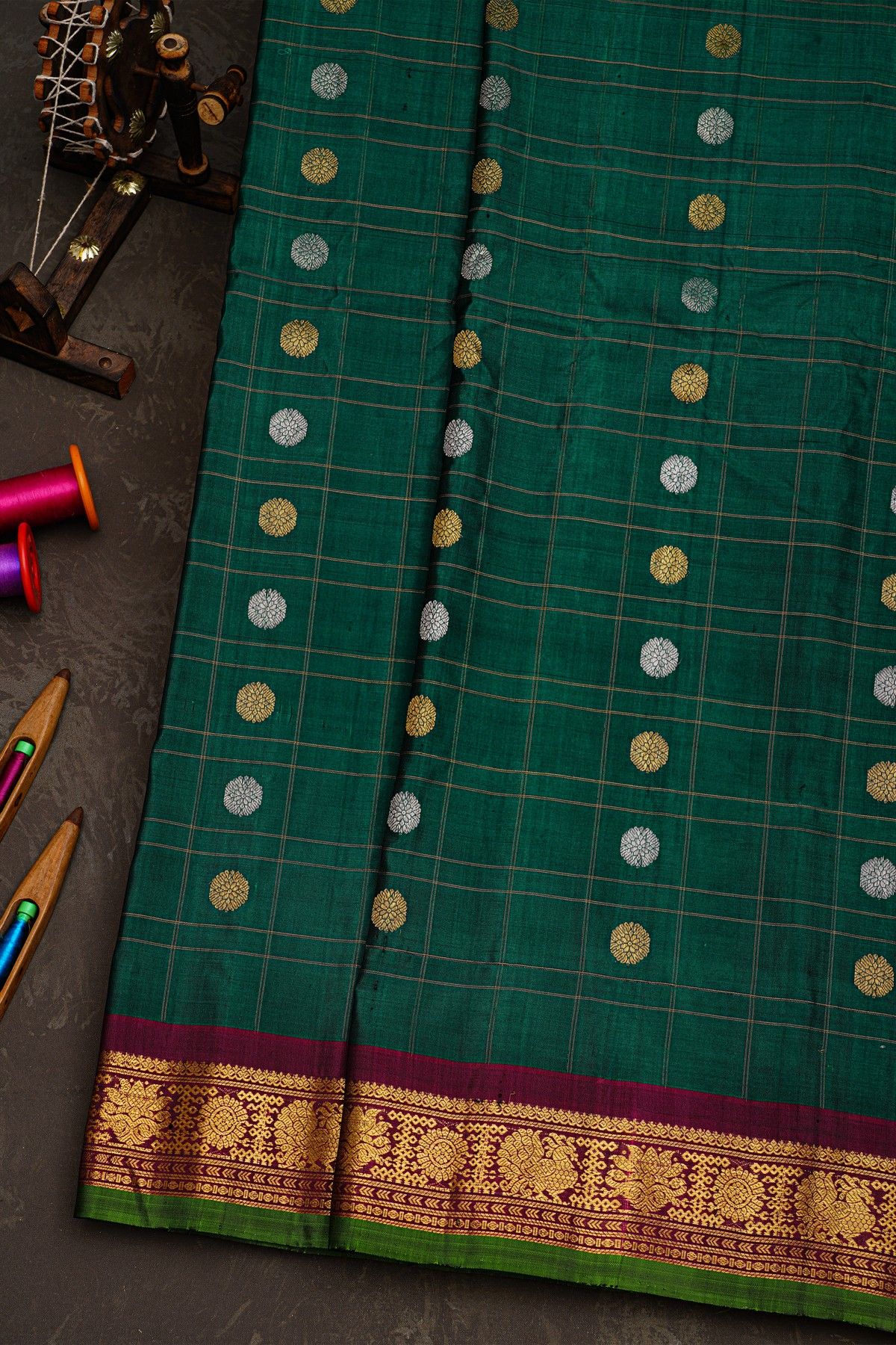 Gadwal Silk Bottle Green Saree With Florals And Leaves In Zari Checks Body