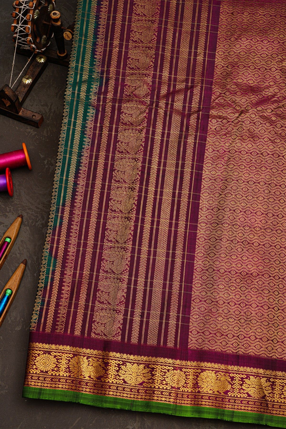 Gadwal Silk Bottle Green Saree With Florals And Leaves In Zari Checks Body