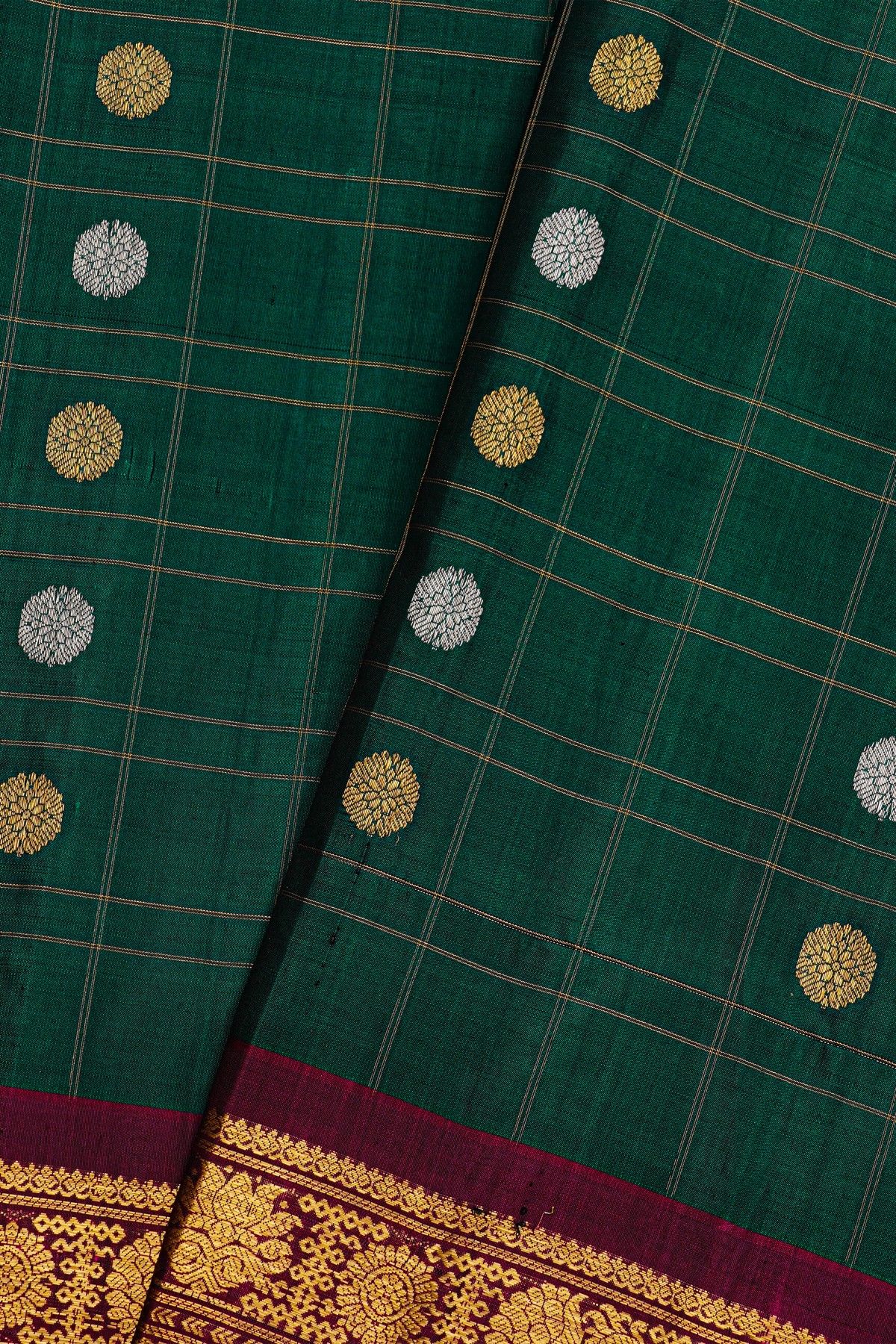 Gadwal Silk Bottle Green Saree With Florals And Leaves In Zari Checks Body