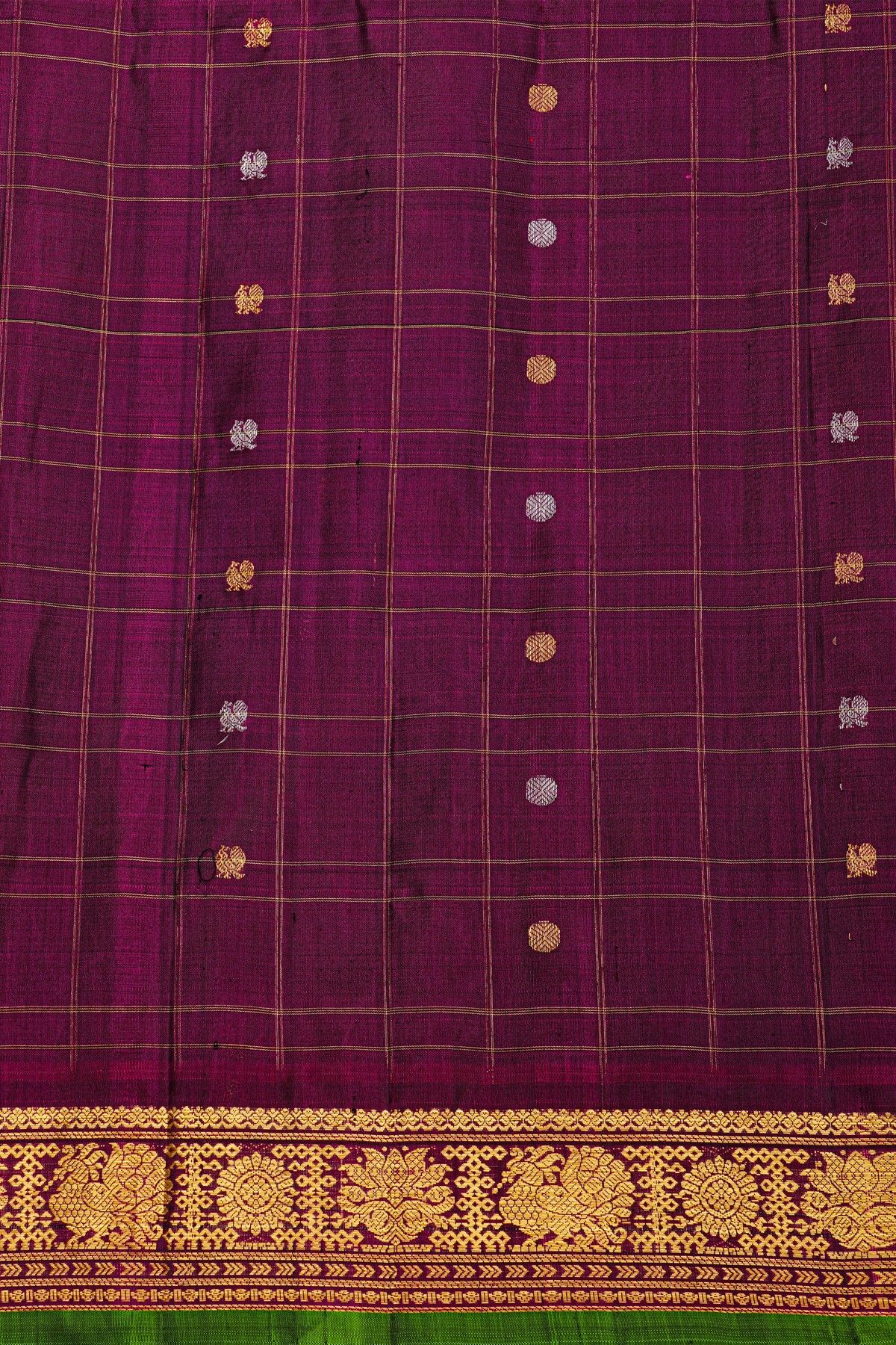 Gadwal Silk Bottle Green Saree With Florals And Leaves In Zari Checks Body