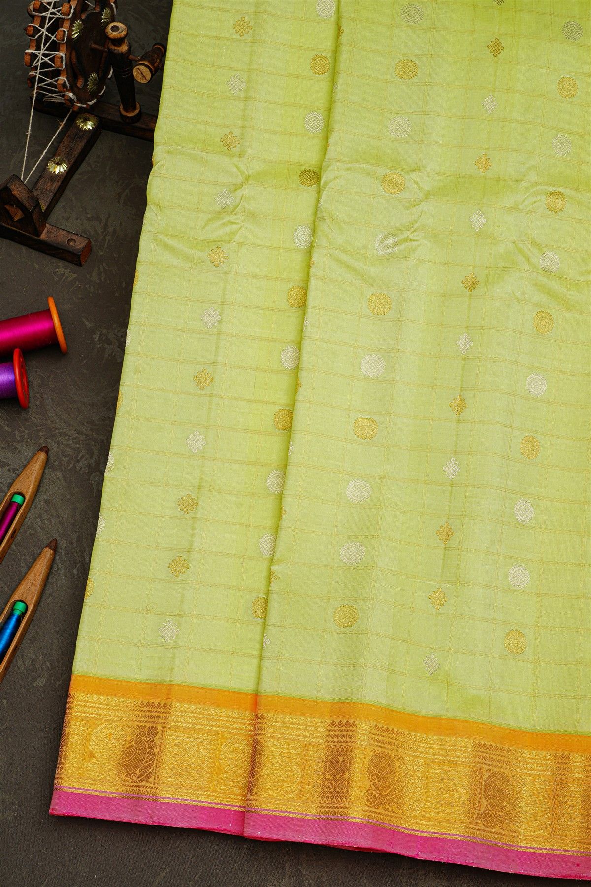 Gadwal Silk Light Yellow Saree With Florals In Zari Checks Body