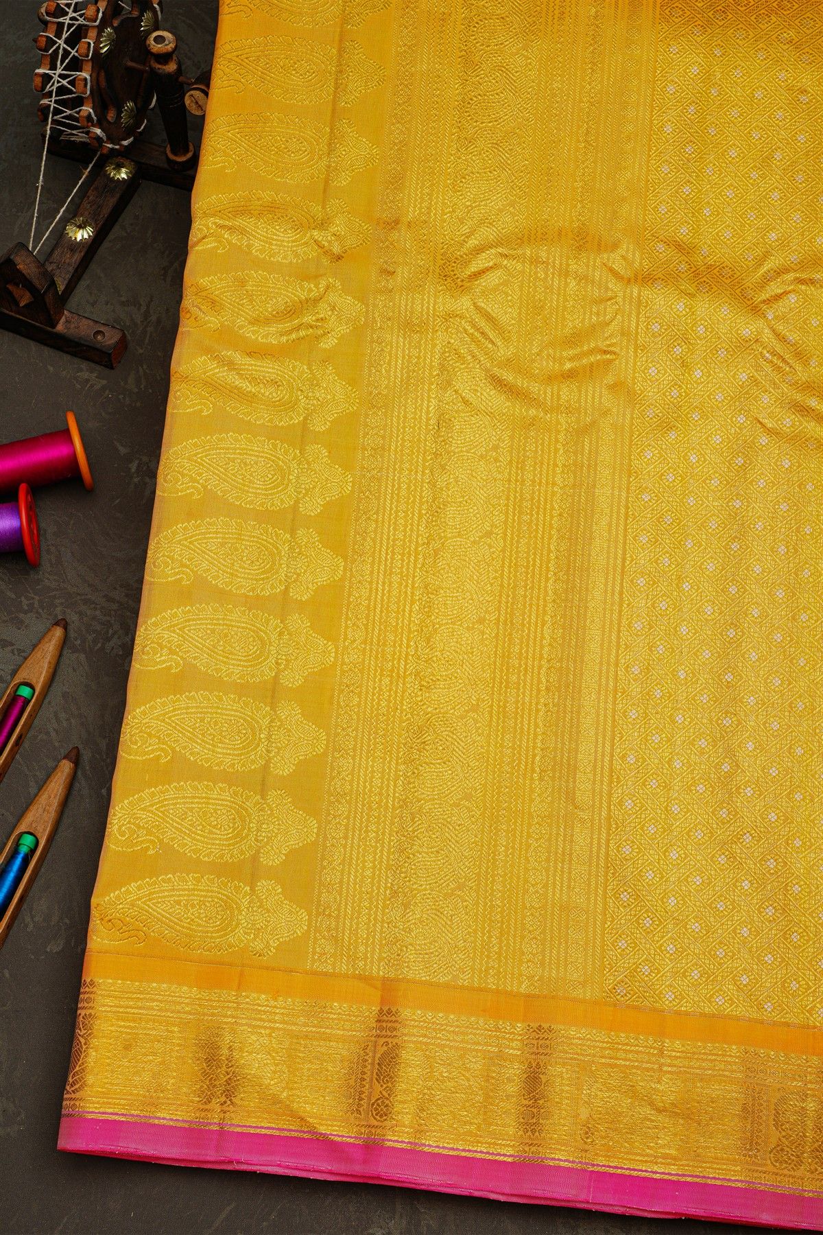 Gadwal Silk Light Yellow Saree With Florals In Zari Checks Body