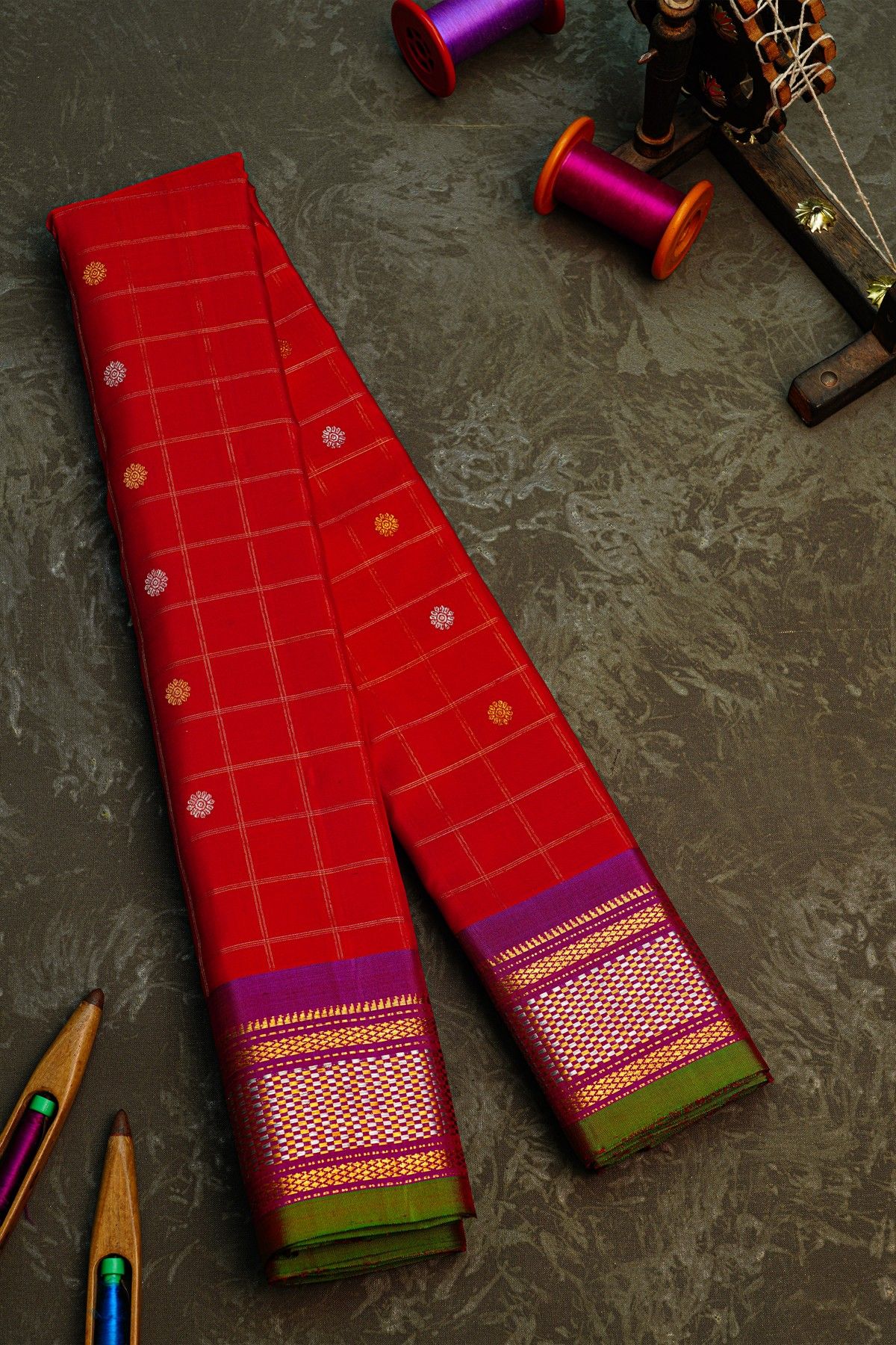 Gadwal Silk Red Saree With Florals In Zari Checks Body