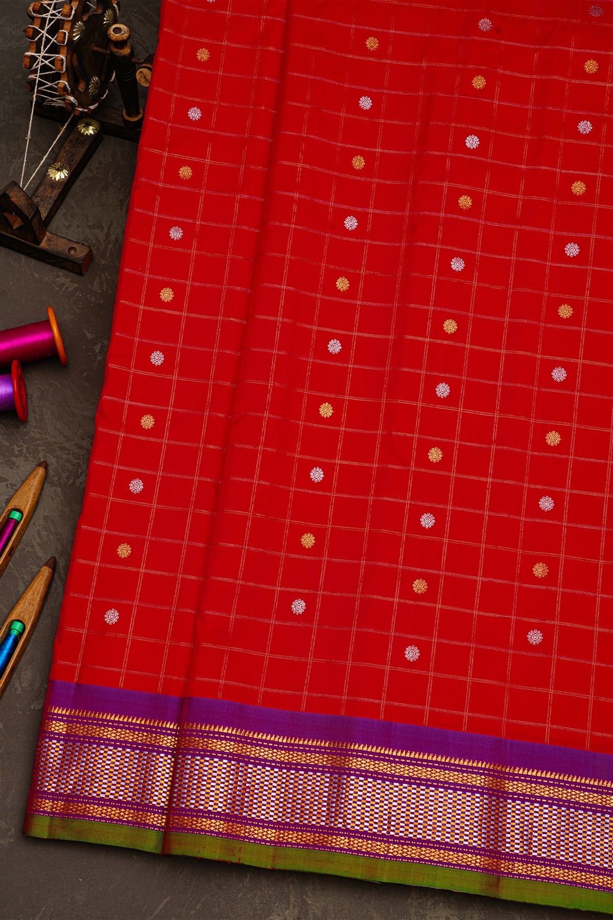 Gadwal Silk Red Saree With Florals In Zari Checks Body