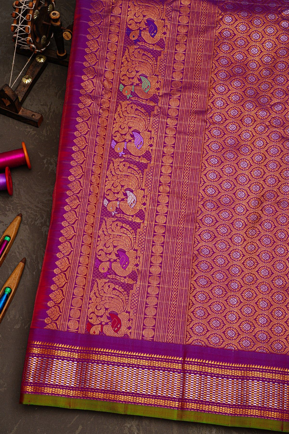 Gadwal Silk Red Saree With Florals In Zari Checks Body