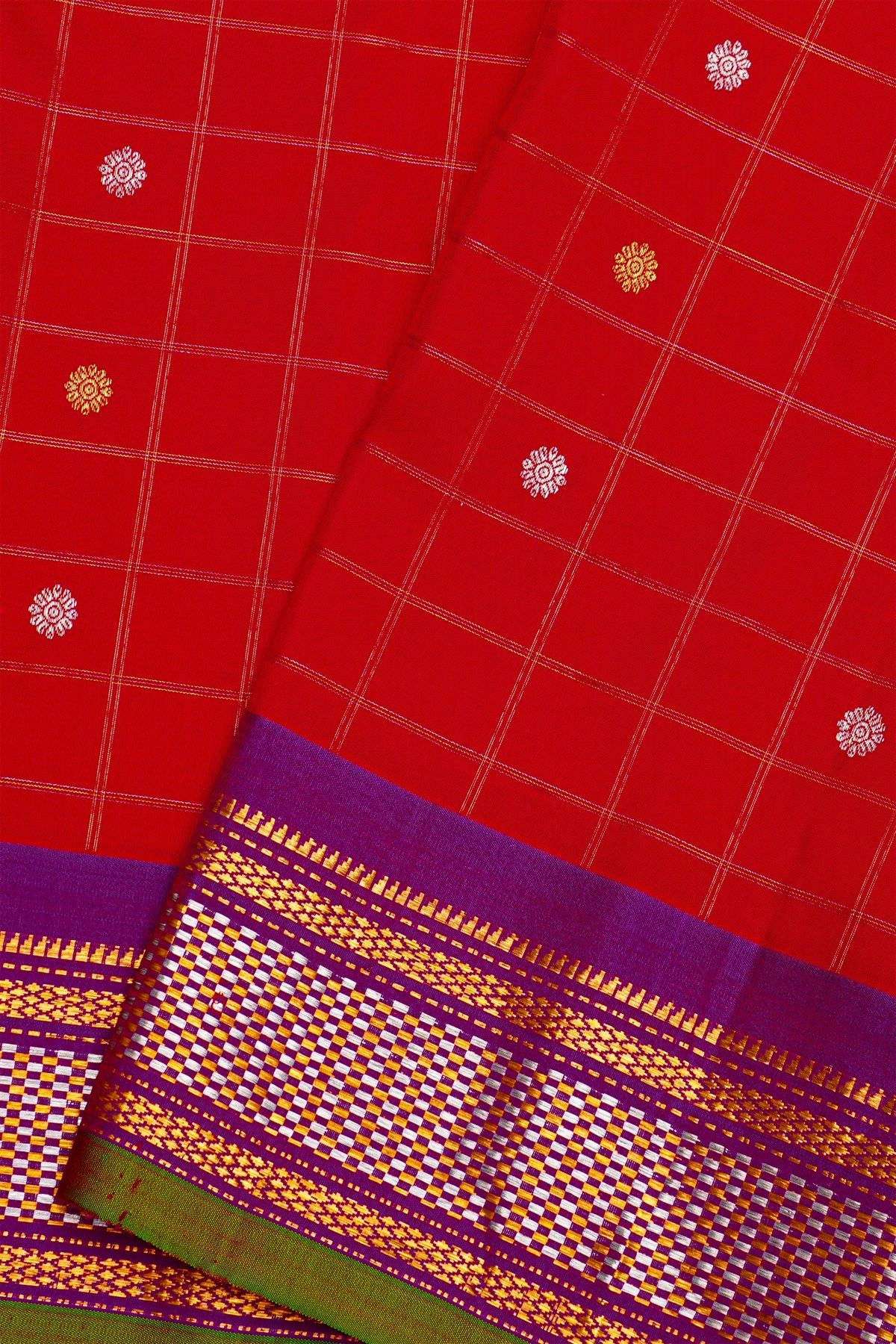Gadwal Silk Red Saree With Florals In Zari Checks Body