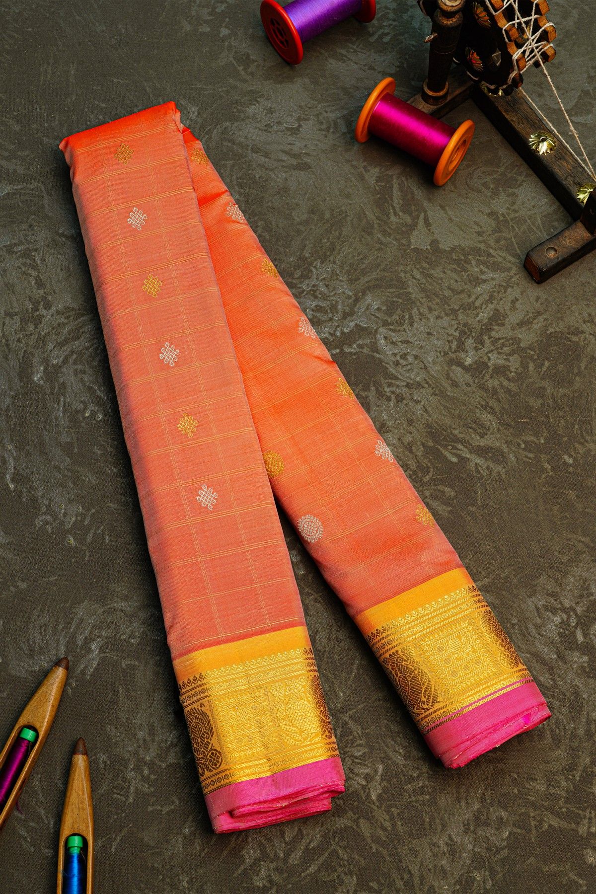 Gadwal Silk Peach Orange Saree With Florals And Leaves In Zari Body