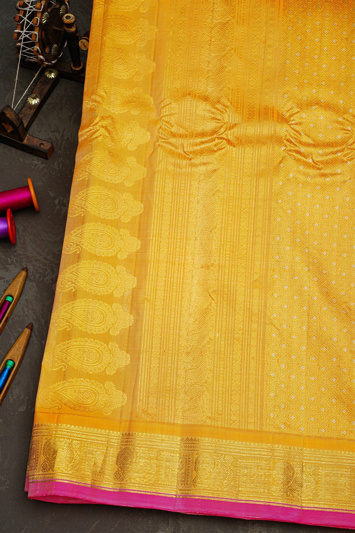 Gadwal Silk Peach Orange Saree With Florals And Leaves In Zari Body