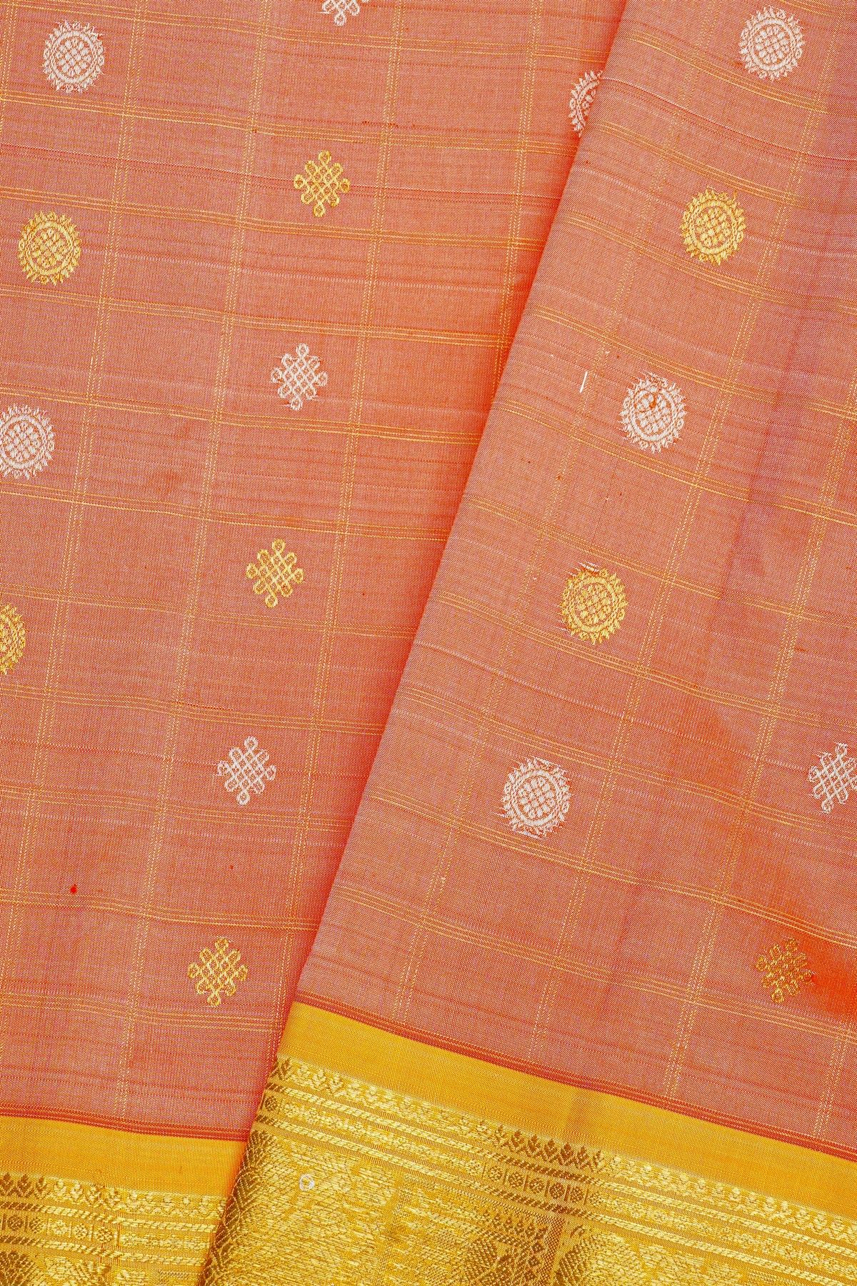 Gadwal Silk Peach Orange Saree With Florals And Leaves In Zari Body