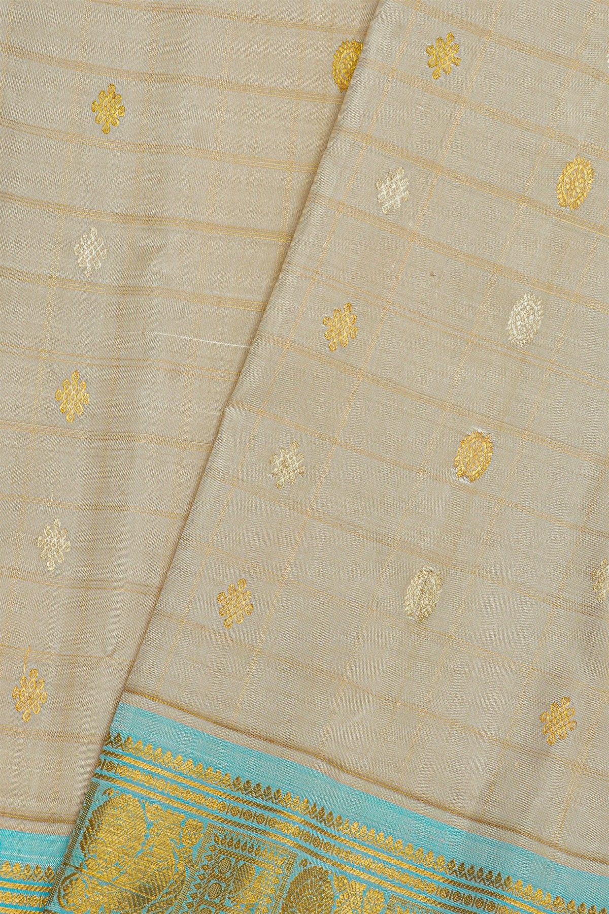 Gadwal Silk Grey Saree With Florals And Leaves In Checks Body