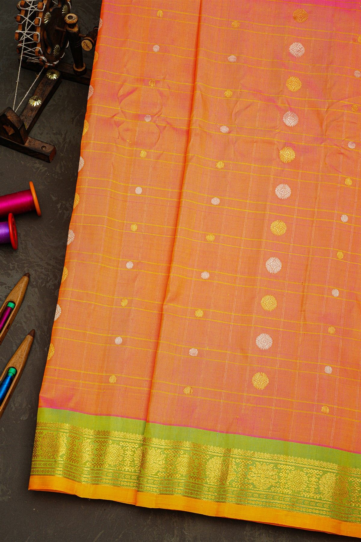 Gadwal Silk Peach Saree With Florals And Leaves In Zari Checks Body