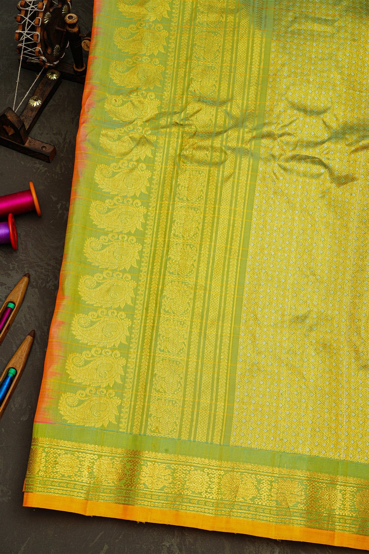 Gadwal Silk Peach Saree With Florals And Leaves In Zari Checks Body