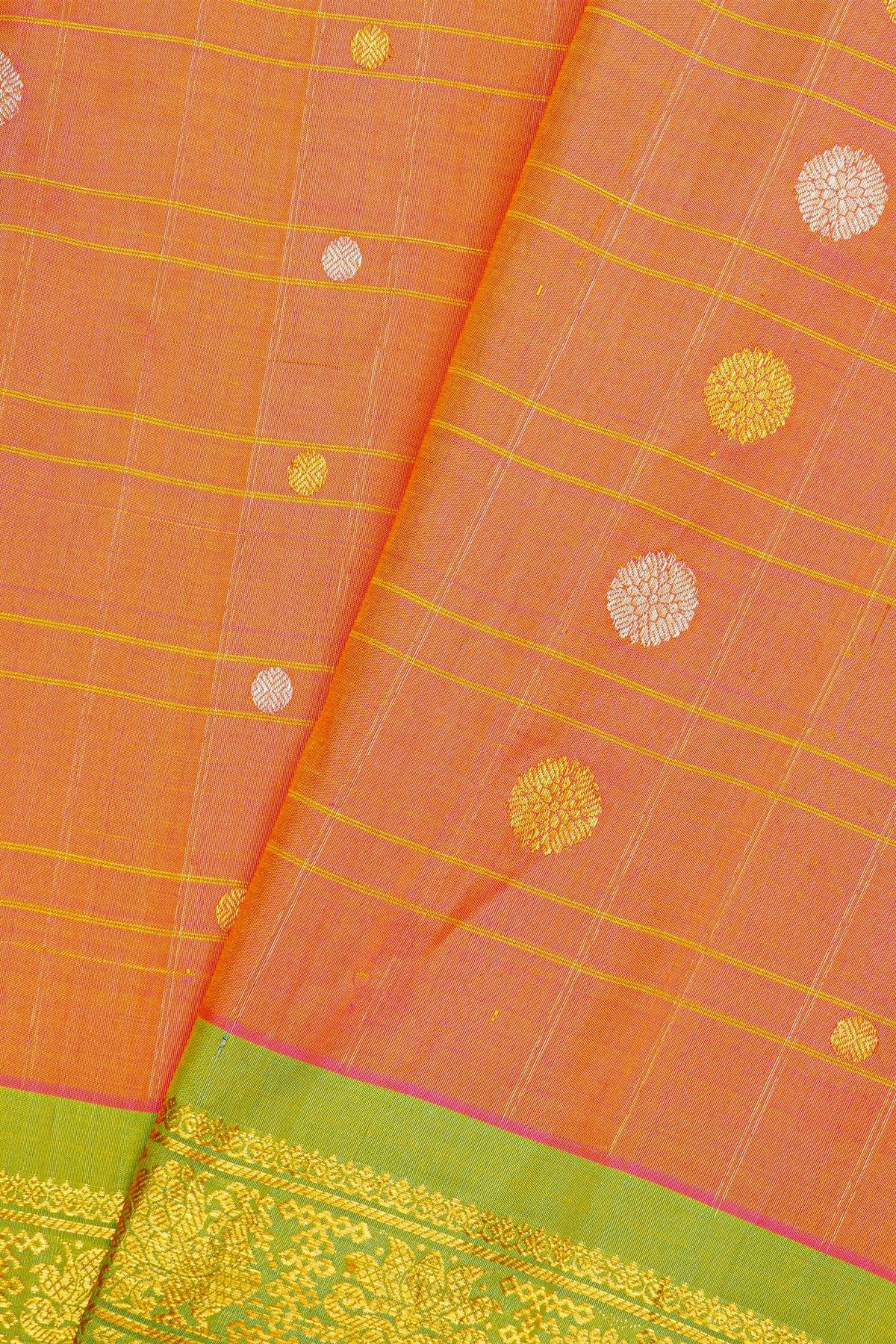 Gadwal Silk Peach Saree With Florals And Leaves In Zari Checks Body