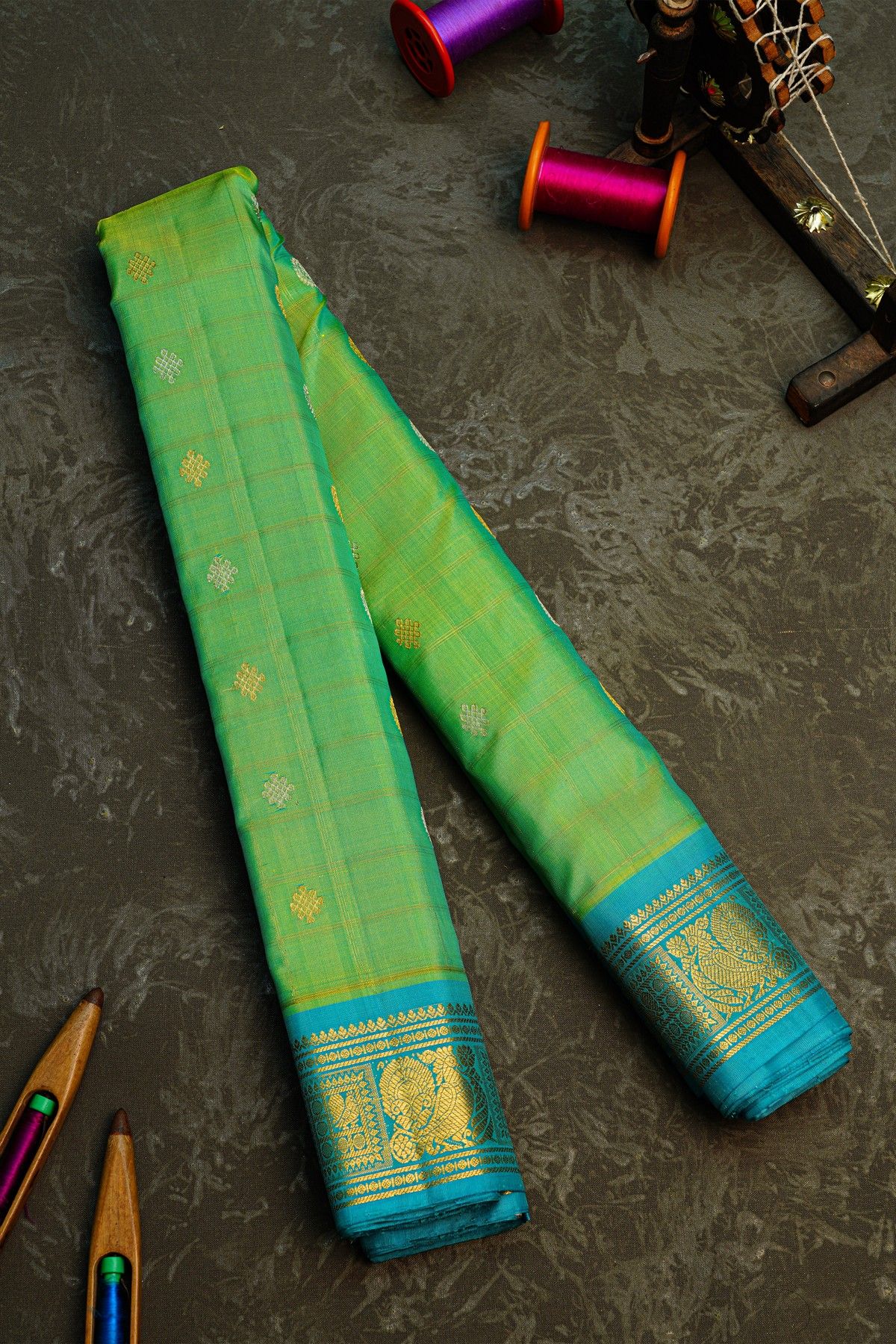Gadwal Silk Green Saree With Florals In Zari Checks Body