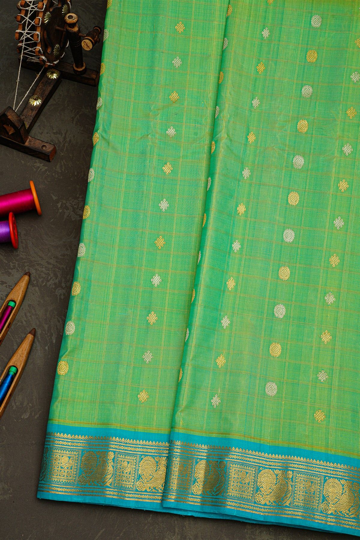 Gadwal Silk Green Saree With Florals In Zari Checks Body