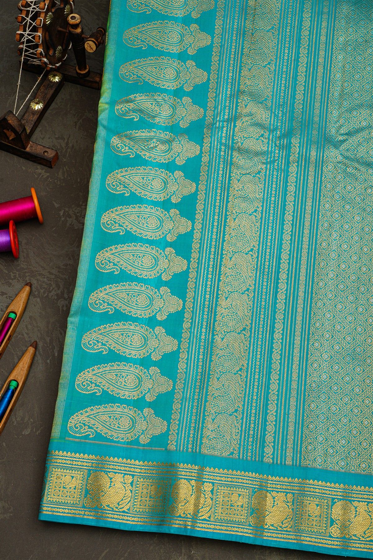 Gadwal Silk Green Saree With Florals In Zari Checks Body