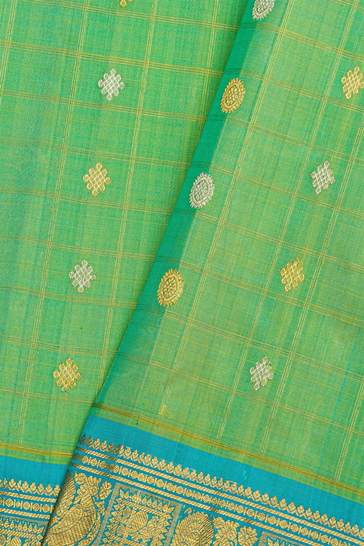 Gadwal Silk Green Saree With Florals In Zari Checks Body