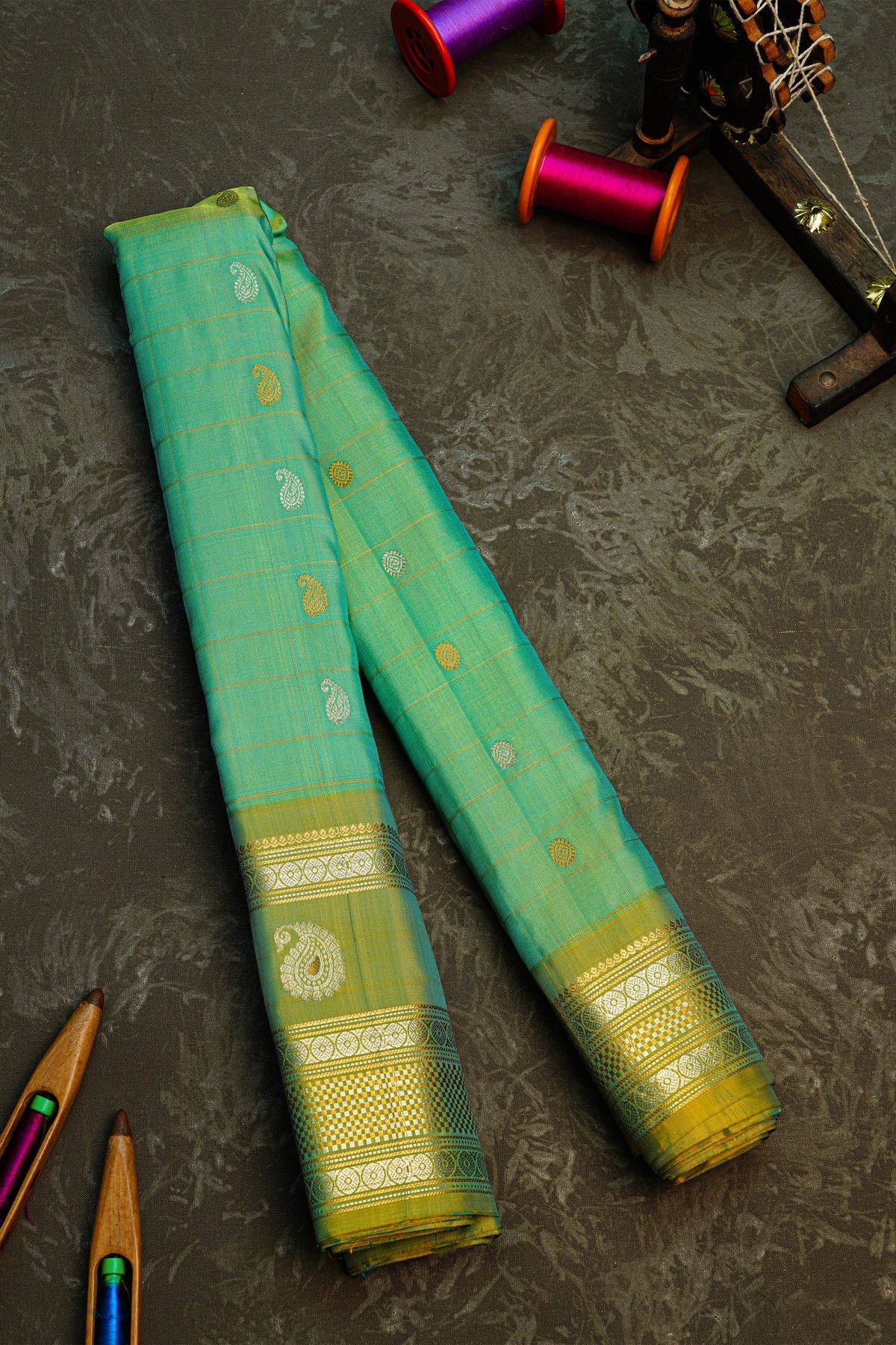 Gadwal Silk Sea Green Saree With Florals And Paisleys In Zari Checks Body