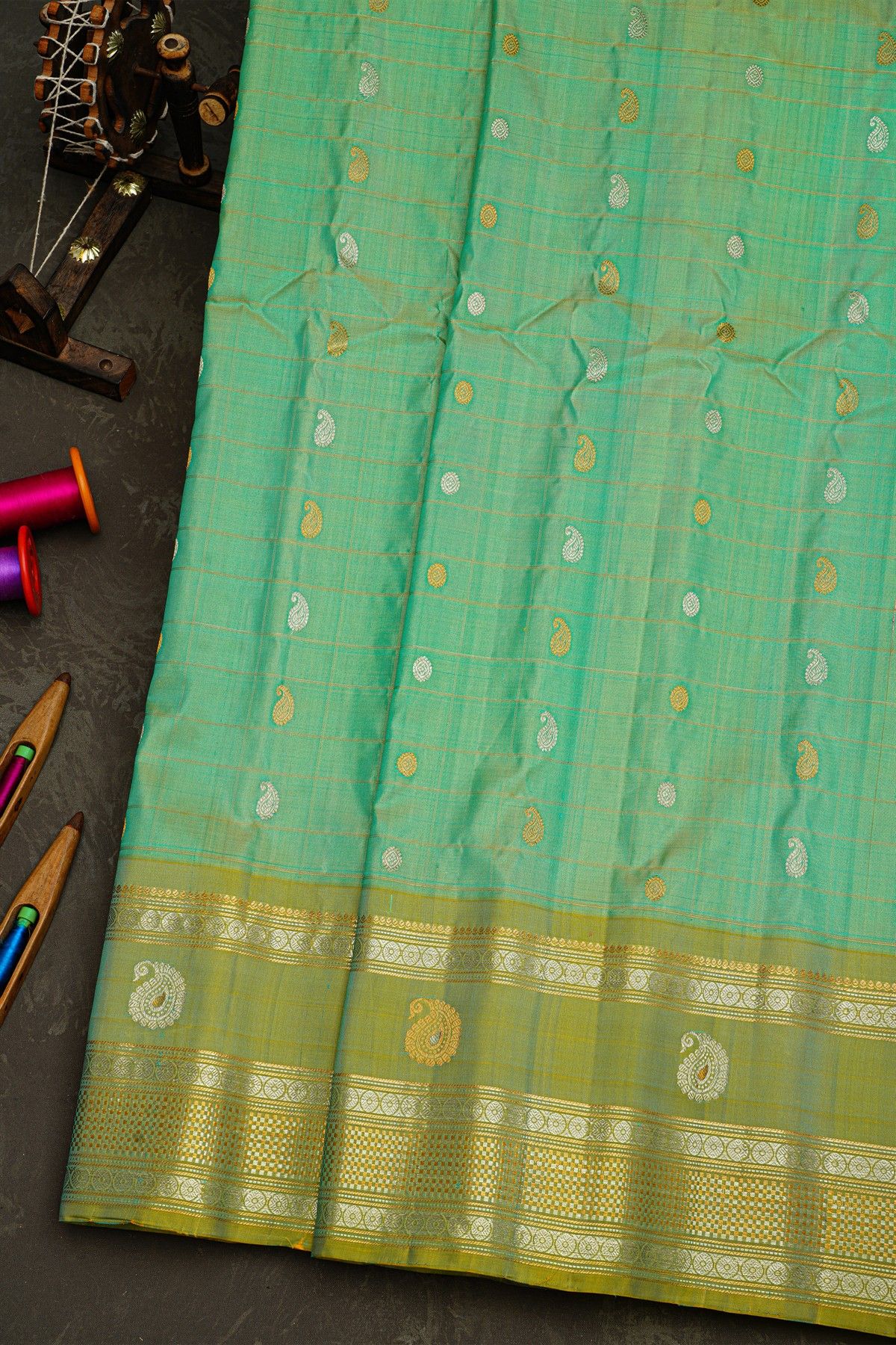 Gadwal Silk Sea Green Saree With Florals And Paisleys In Zari Checks Body