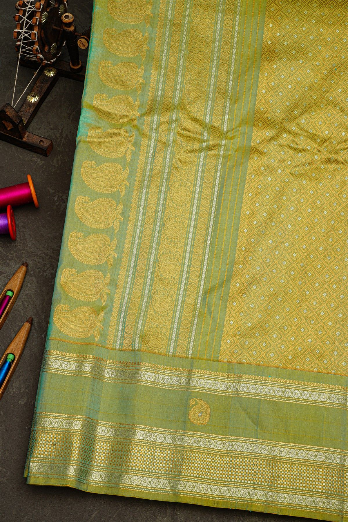 Gadwal Silk Sea Green Saree With Florals And Paisleys In Zari Checks Body