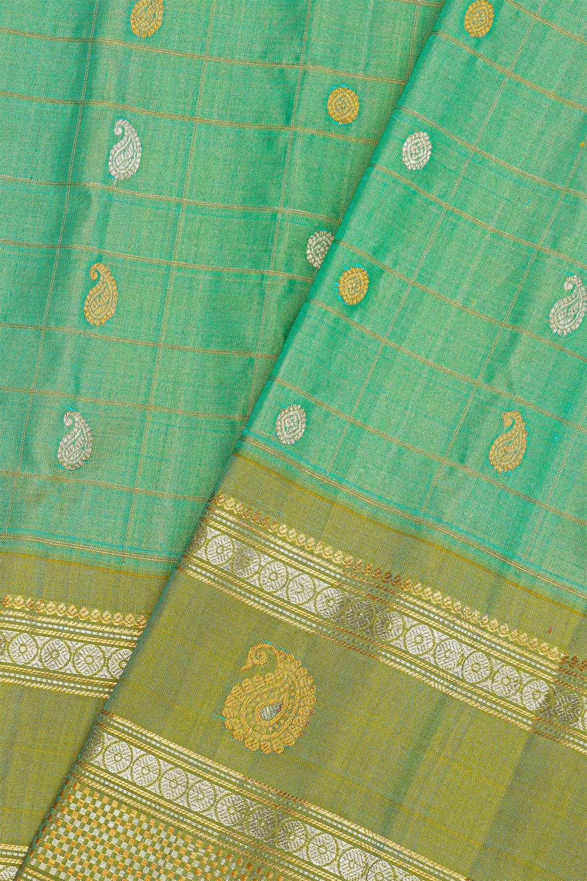Gadwal Silk Sea Green Saree With Florals And Paisleys In Zari Checks Body