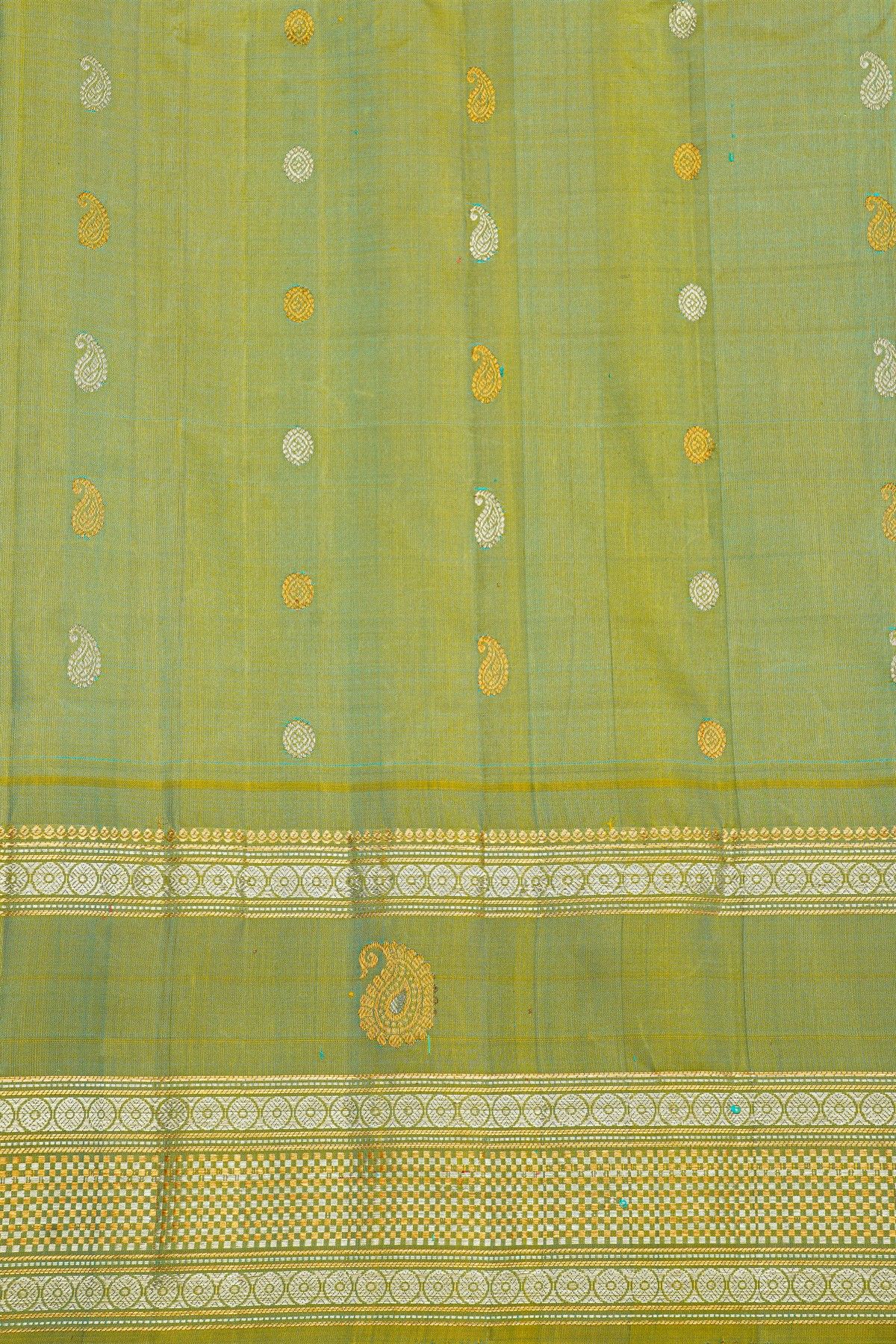 Gadwal Silk Sea Green Saree With Florals And Paisleys In Zari Checks Body