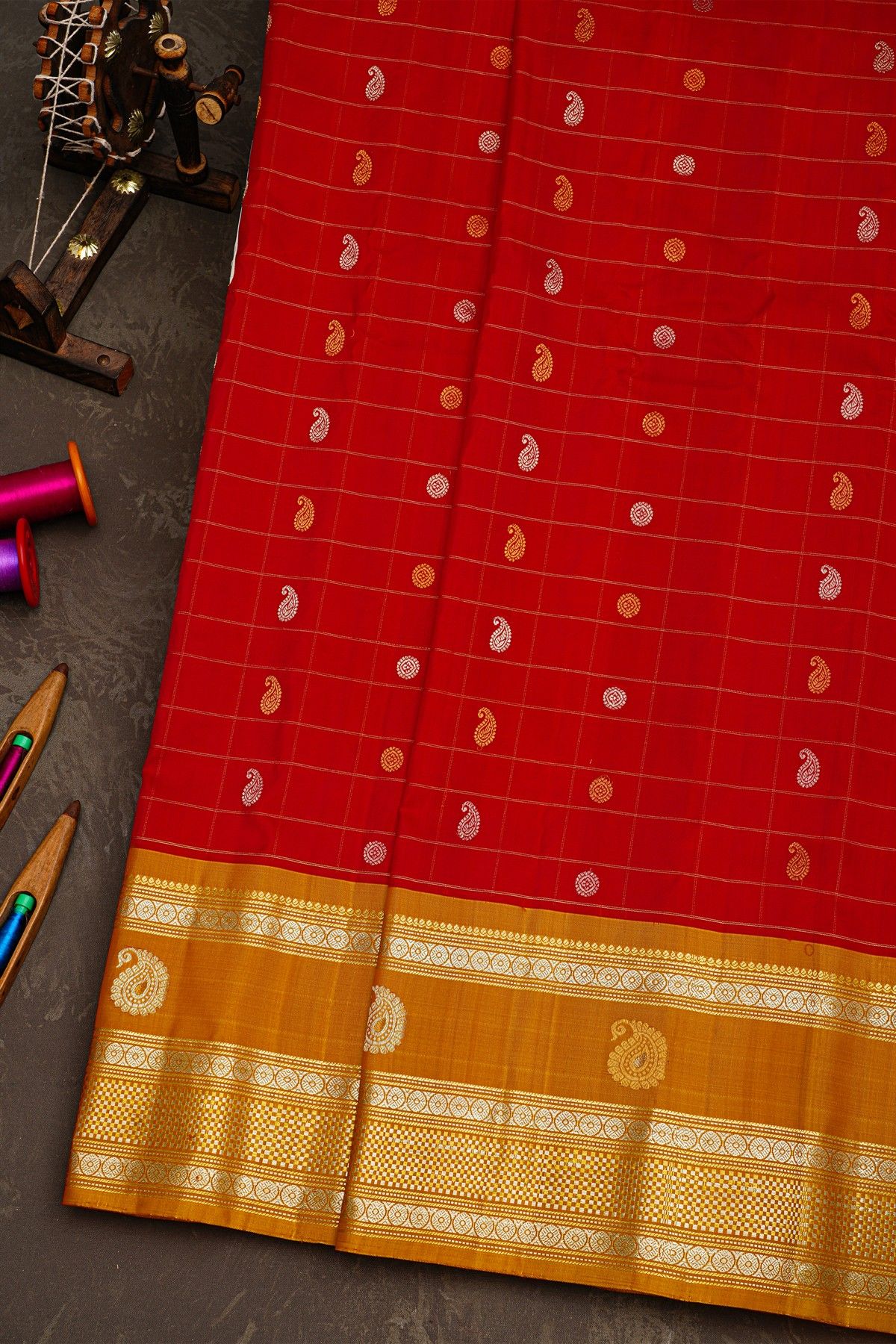Gadwal Silk Red Saree With Gold And Silver Buttas Rich Mustard Gold Zari Border With Paisley Motifs