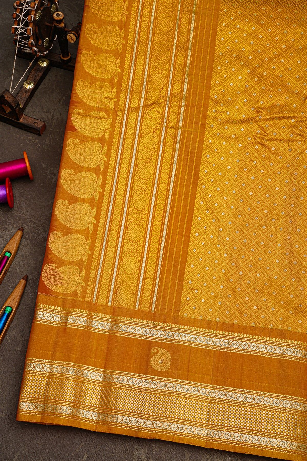 Gadwal Silk Red Saree With Gold And Silver Buttas Rich Mustard Gold Zari Border With Paisley Motifs
