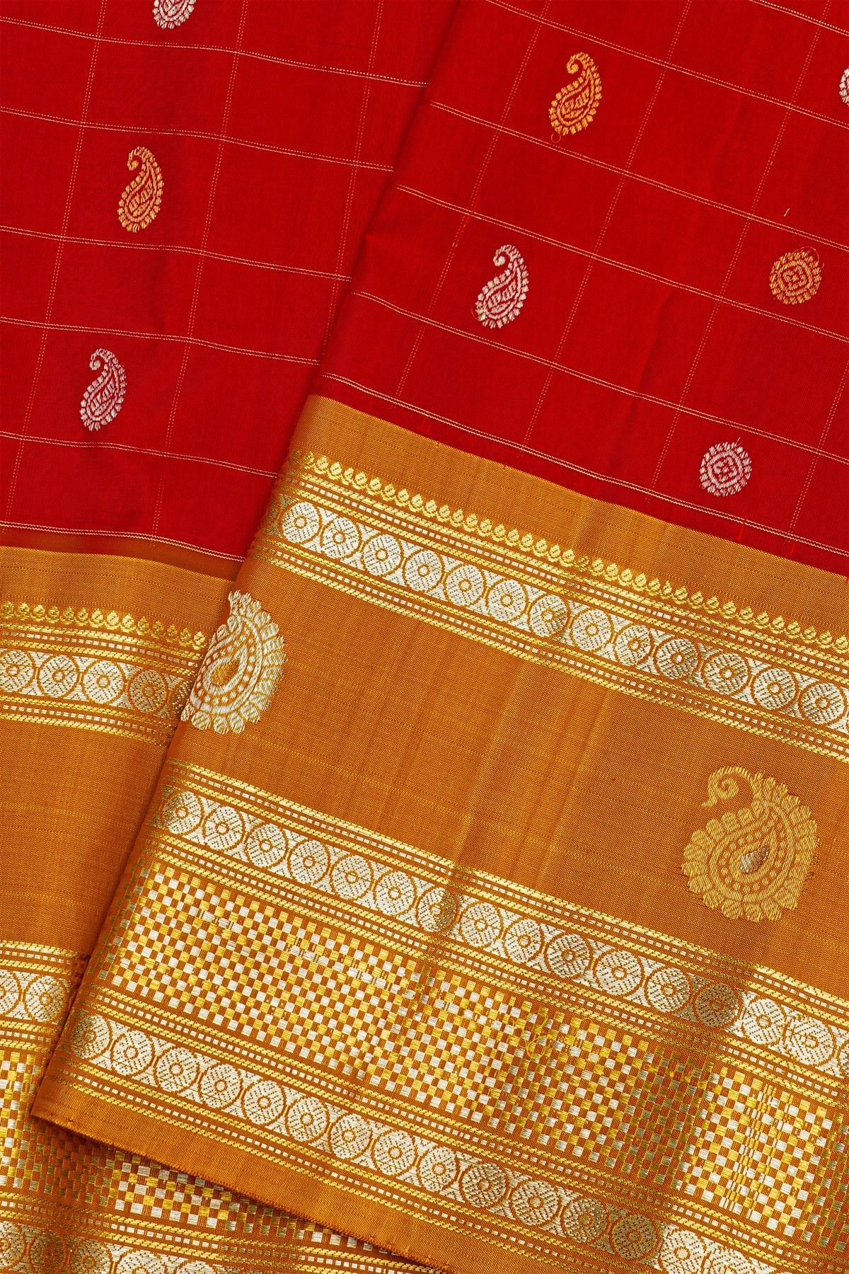 Gadwal Silk Red Saree With Gold And Silver Buttas Rich Mustard Gold Zari Border With Paisley Motifs