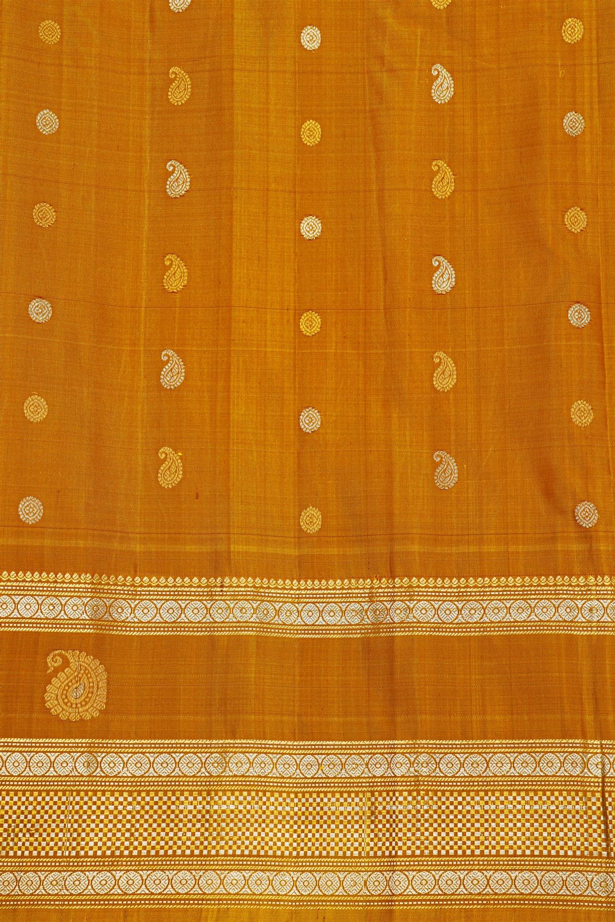 Gadwal Silk Red Saree With Gold And Silver Buttas Rich Mustard Gold Zari Border With Paisley Motifs