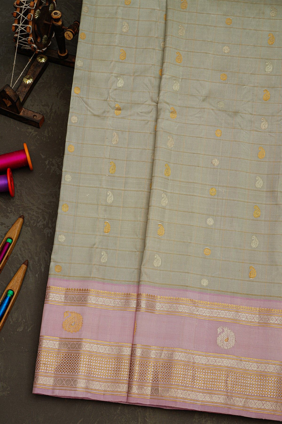Gadwal Silk Grey Saree With Florals And Paisleys In Checks Body
