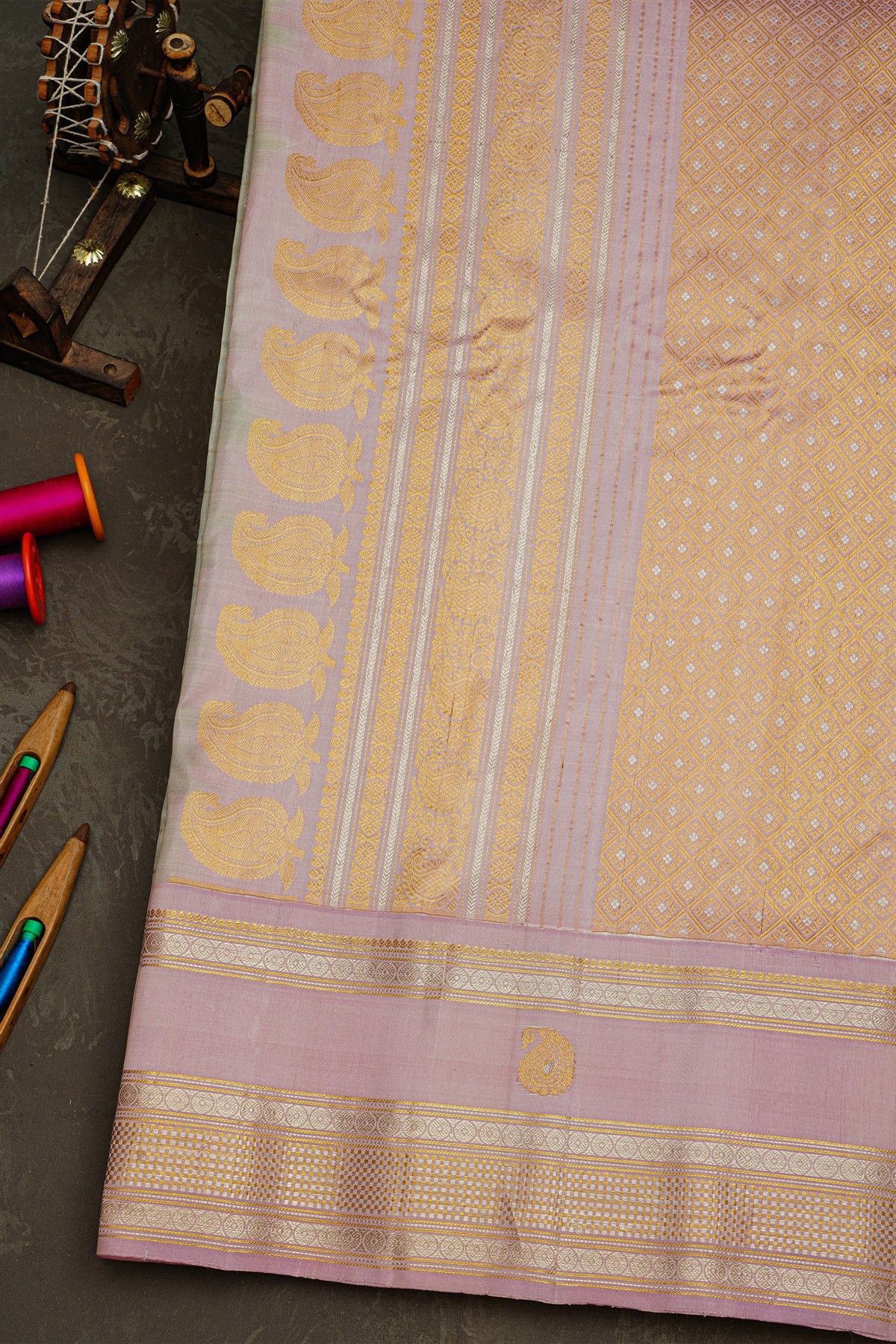 Gadwal Silk Grey Saree With Florals And Paisleys In Checks Body