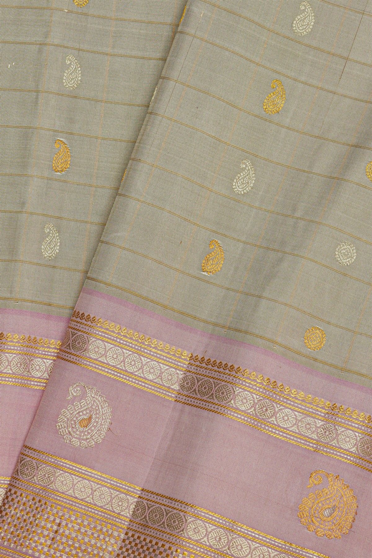 Gadwal Silk Grey Saree With Florals And Paisleys In Checks Body