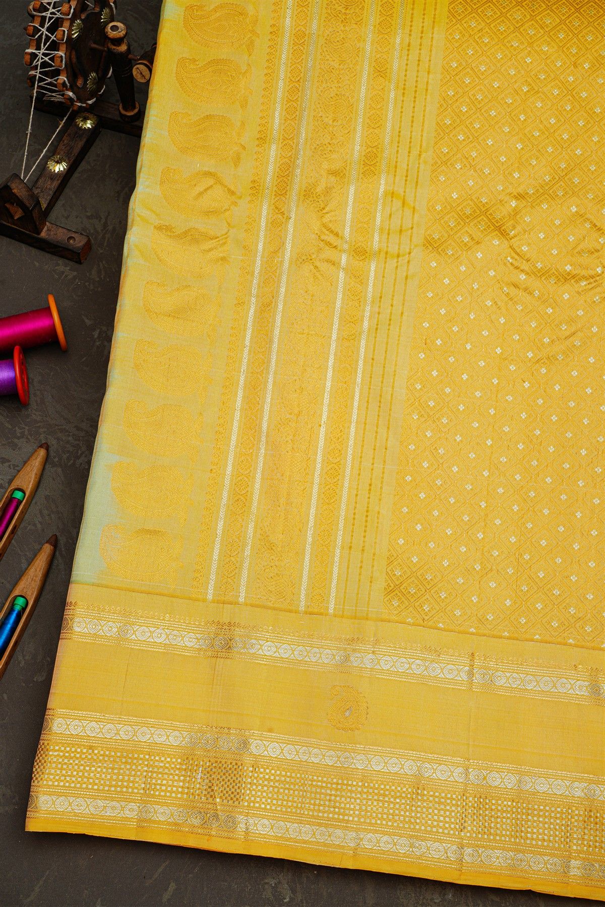 Gadwal Silk Light Green Saree With Gold Buttas And Mustard Gold Zari Border