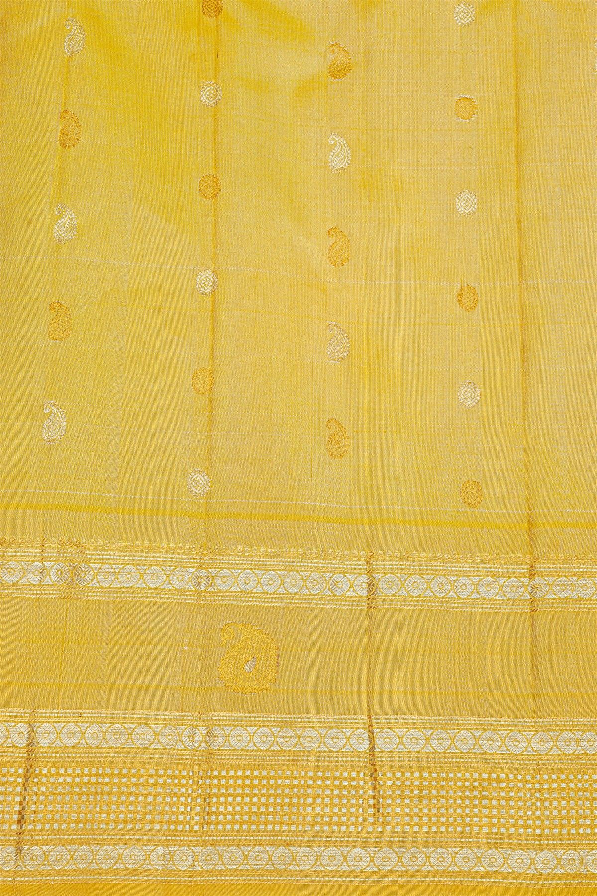Gadwal Silk Light Green Saree With Gold Buttas And Mustard Gold Zari Border