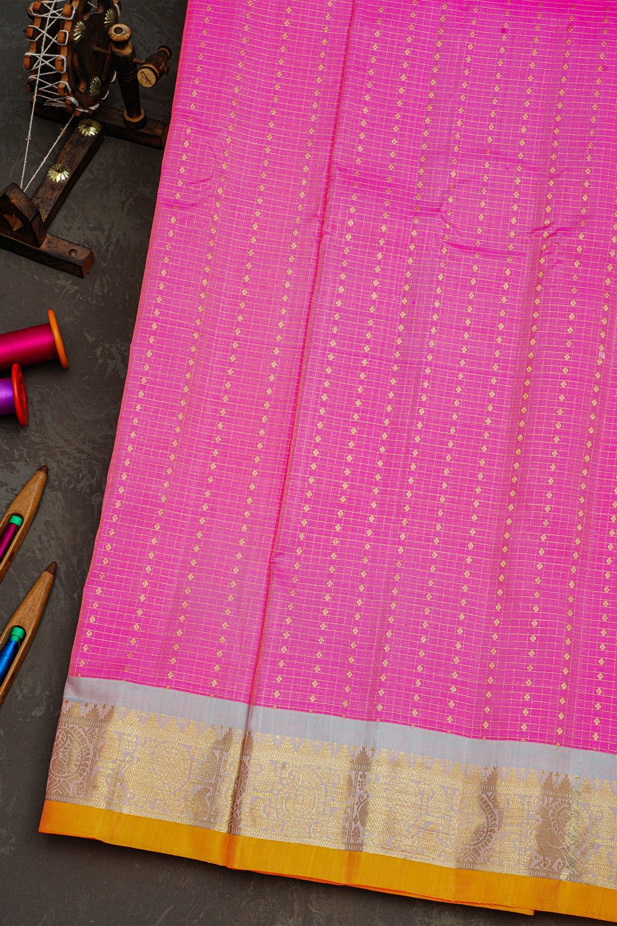 Gadwal Silk Pink Saree With Gold Buttas And Zari Border With Traditional Floral Motifs