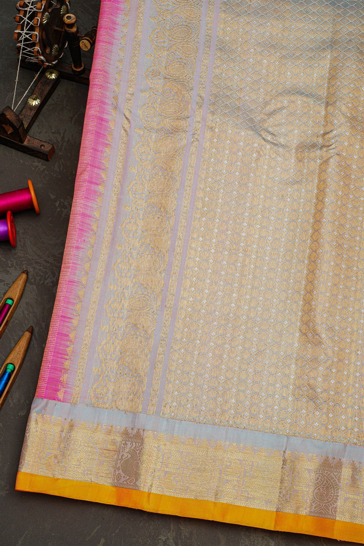 Gadwal Silk Pink Saree With Gold Buttas And Zari Border With Traditional Floral Motifs
