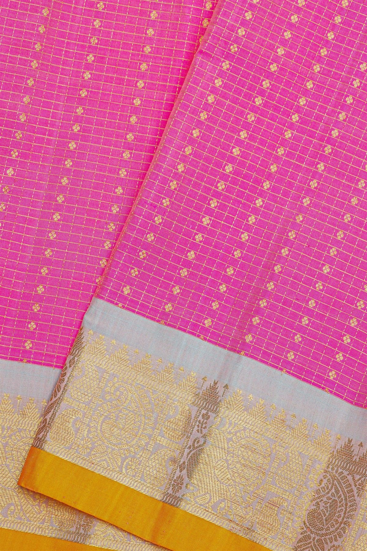 Gadwal Silk Pink Saree With Gold Buttas And Zari Border With Traditional Floral Motifs