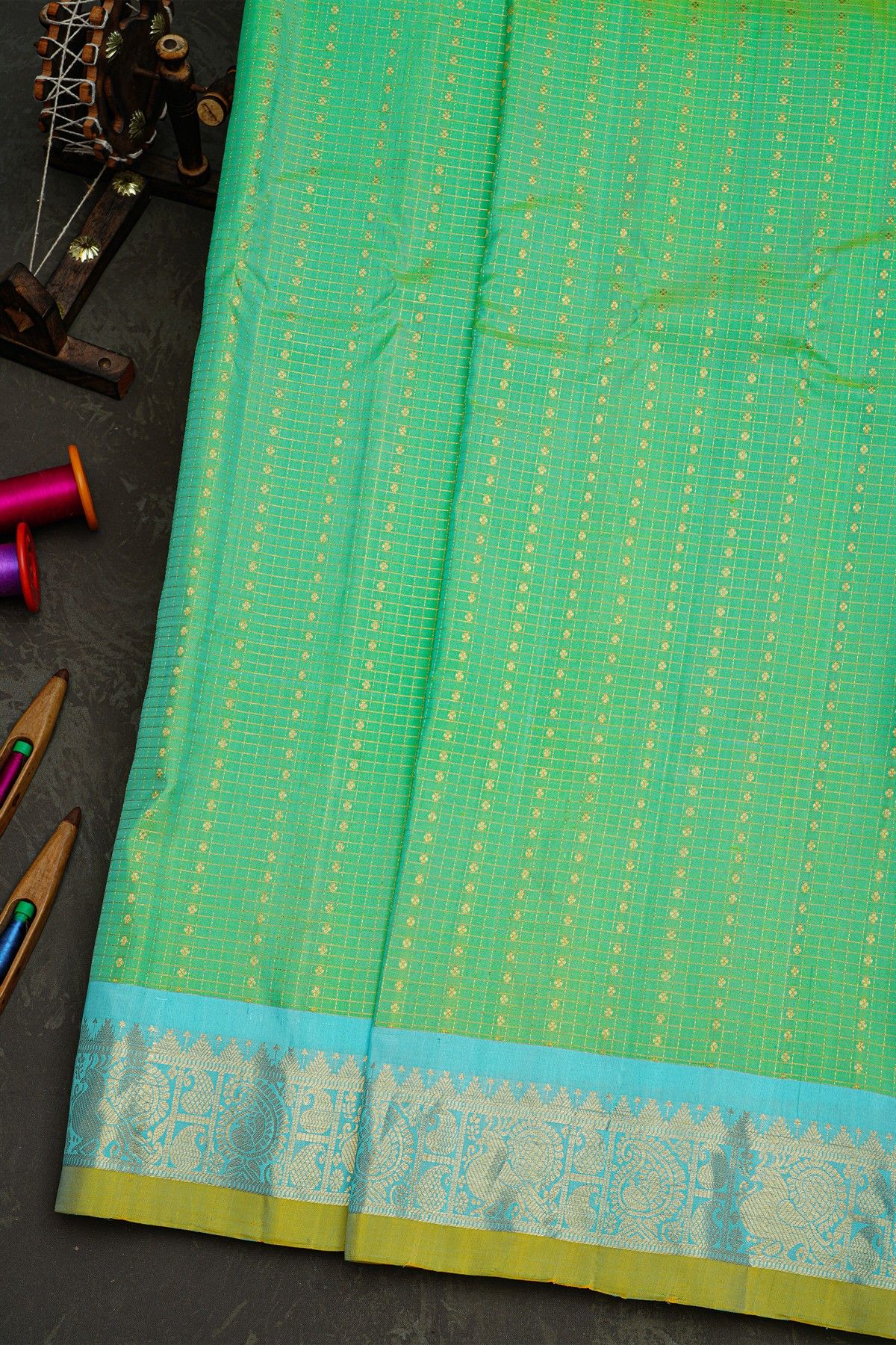 Gadwal Silk Sea Green Saree With Florals And Diamonds In Zari Checks Body